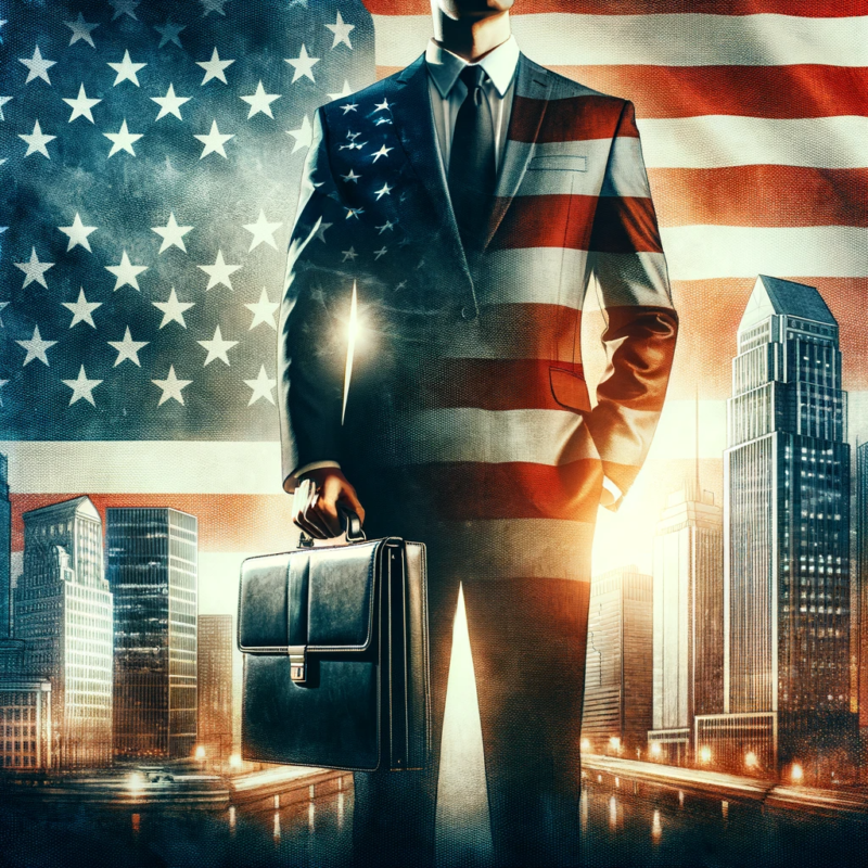 DALL·E 2023 11 14 14.22.49 A detailed image of a business person holding a briefcase standing in front of a large U.S. flag with corporate buildings in the background symboliz