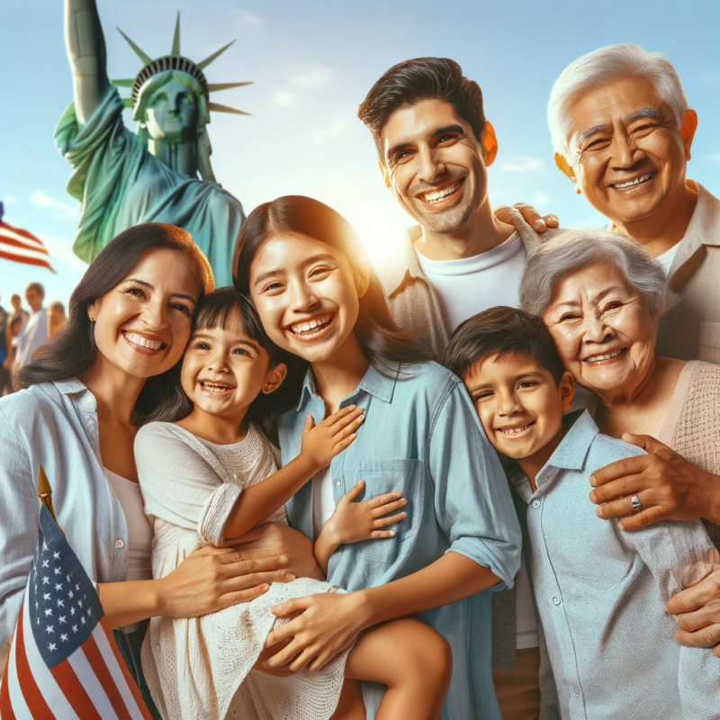 DALL·E 2023 11 14 14.23.04 A diverse family smiling and embracing each other standing in front of the Statue of Liberty symbolizing family reunification in the United States.