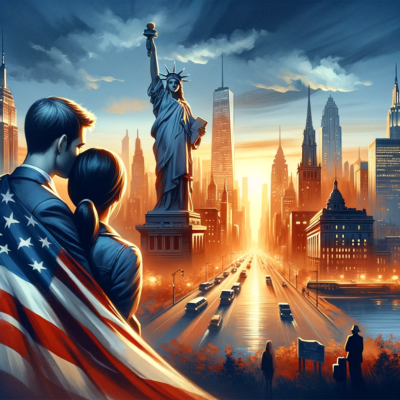 DALL·E 2023 11 14 14.23.11 A romantic scene depicting a couple in a loving embrace with a background of a picturesque U.S. city skyline at sunset. The couple represents a fianc