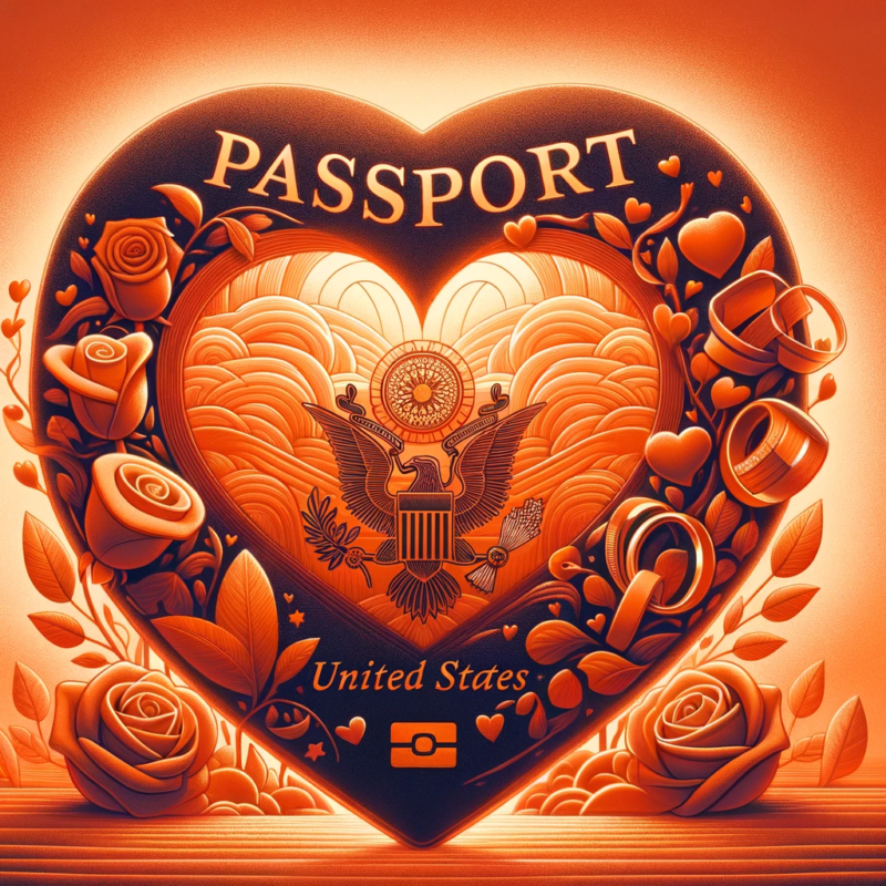DALL·E 2024 01 25 20.57.48 A romantic and symbolic illustration representing a fiance visa for the United States with a focus on the color orange. The image showcases a heart s