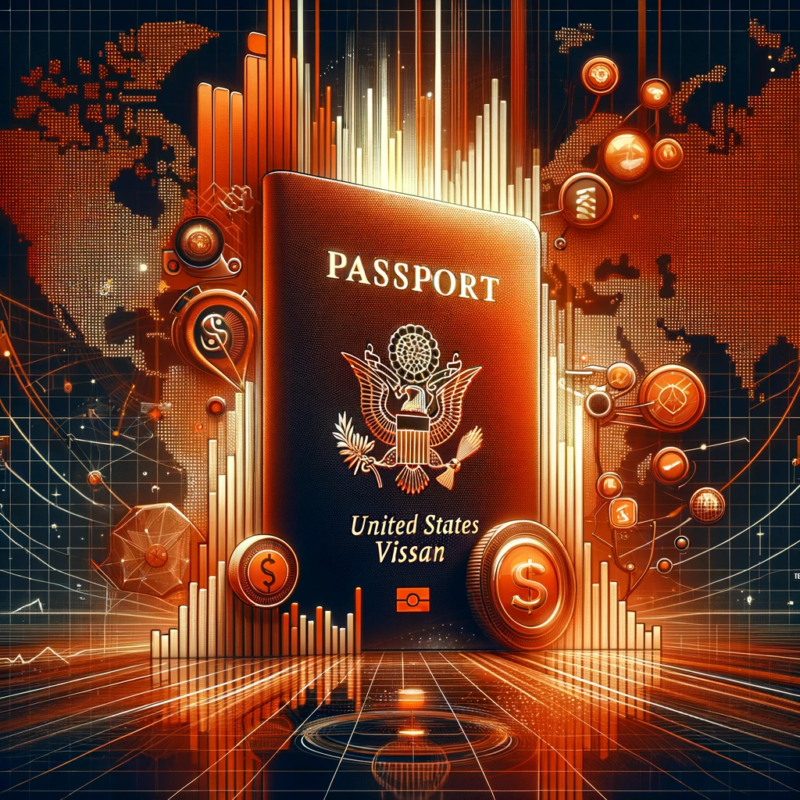 DALL·E 2024 01 25 20.57.53 A dynamic and sophisticated illustration representing an investor visa for the United States with a focus on the color orange. The image features a s