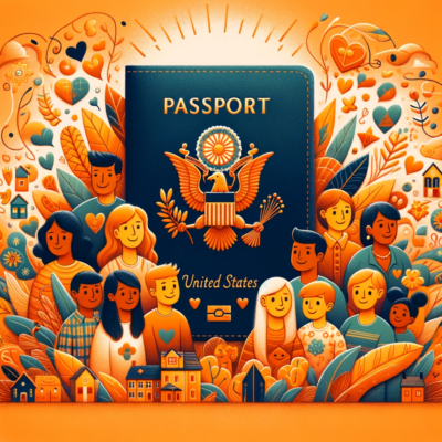 DALL·E 2024 01 25 21.05.02 A heartwarming and inclusive illustration representing a family visa for the United States with a focus on the color orange. The image features a vib