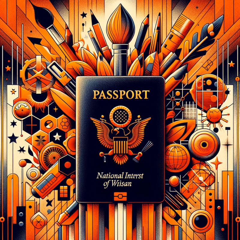 DALL·E 2024 01 25 21.08.46 A powerful and inspiring illustration representing a national interest waiver NIW visa for the United States with a focus on the color orange. The